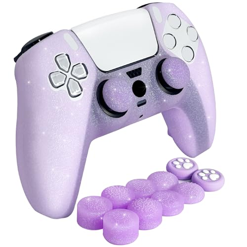 Purple Glitter Silicone Protective Case for PS5 Controller, Sparkly Bling Soft Cover Skins, Includes 8-in-1 Glitter Thumb Grip Caps + 2 Cat Paw Caps – Shockproof Dustproof Anti-Slip - color: Purple