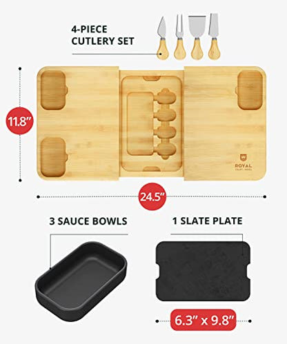 ROYAL CRAFT WOOD Extra Large Bamboo Charcuterie Boards - Large Charcuterie Board Set w/ 3 Sauce Bowls, 4 Knives & Slate Plate - Unique Cheese Board & Serving Tray - Ideal Housewarming Gift - style: 5-8 Guests