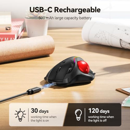 TECKNET Wireless Trackball Mouse, Bluetooth Mouse with Ergonomic, Red | 3-Device Connectivity (Bluetooth & 2.4G), 5 Adjustable DPI, RGB Lighting, PC, Mac & Laptop Compatible - color: Red