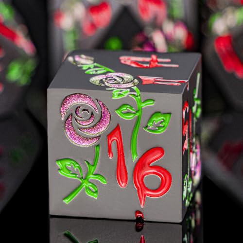 Gothic DND Dice Set Bleeding Rose Metal D and D Dice for use with Dungeons Dragons D&D Role Playing Game, Purple Red RPG Blood Polyhedral Dice Set D20 D12 D10 D8 D6 D4 - color: Purple Red&black&red Numbers