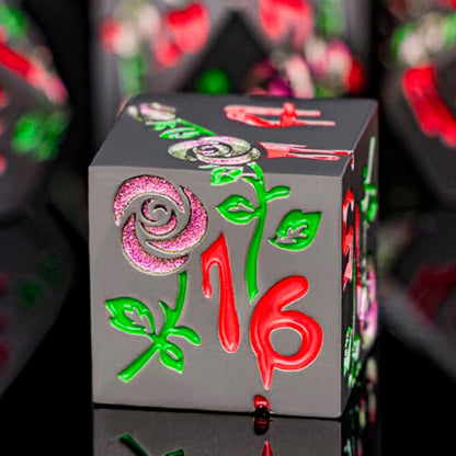 Gothic DND Dice Set Bleeding Rose Metal D and D Dice for use with Dungeons Dragons D&D Role Playing Game, Purple Red RPG Blood Polyhedral Dice Set D20 D12 D10 D8 D6 D4 - color: Purple Red&black&red Numbers
