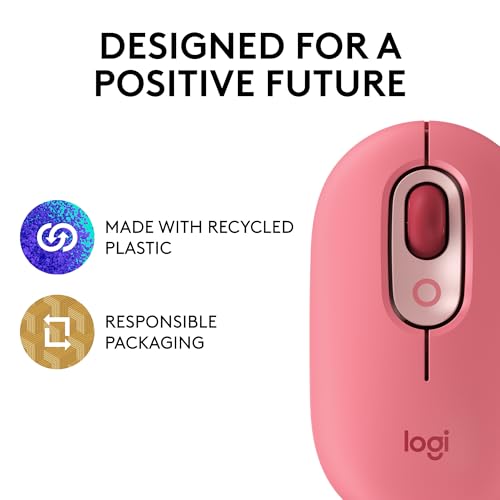 Logitech POP Mouse Compact and Portable Wireless - Heartbreaker Rose | Compact, portable, programmable buttons, quiet clicks, easy-switch up to 3 devices, for laptop, tablet, PC - color: Heartbreaker Rose