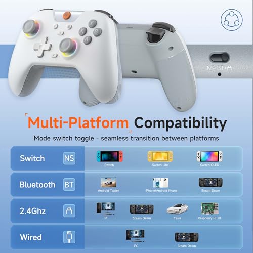 EasySMX X05 Wireless Gaming Controller for PC/Android/Steam Deck-Bluetooth Gamepad with Hall‑Effect Joysticks & Triggers, Turbo Function, Rumble Vibration, RGB Lighting, Comes with Extra Thumb Grips - color: white