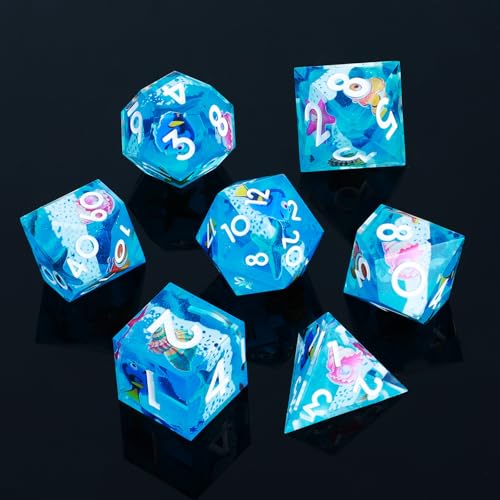 DND Dice Set 7-Pcs Sharp Edge Blue Marine Life Style Resin Dice Polyhedron Resin Sharp Edge dice Role-Playing Game RPG MTG Board Game (Marine Life - White) - color: Marine Life - White