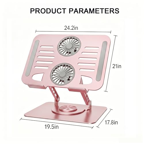Laptop Stand with Cooling Fan, 360° Rotating Base Aluminum Laptop Riser, Foldable Ergonomic Computer Stand for Desk, Height Adjustable Notebook & All Laptops Up to 17.3" (Pink) - color: Pink