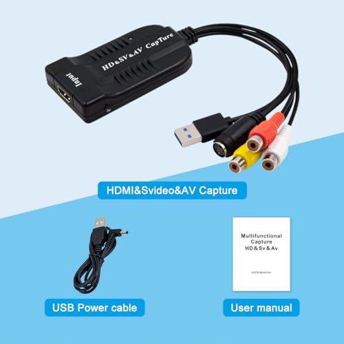 HDMI, AV, RCA, S-Video Video to USB 1080P Audio Video Capture Card Device, USB 2.0 Transfer Record Grabber,1080P HD 60fps Live Streaming Device for Gaming, Streaming,VCR, VHS, Camcorder, Video8,DVD