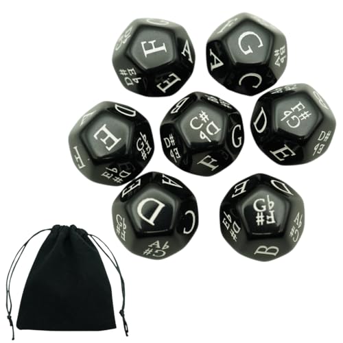 Music Dice Set – 7 Black 12-Sided Dice with Twelve-Tone Scale (12-TET) – Perfect for Composition, Improvisation, Music Education & Teaching – Includes Velvet Carry Bag