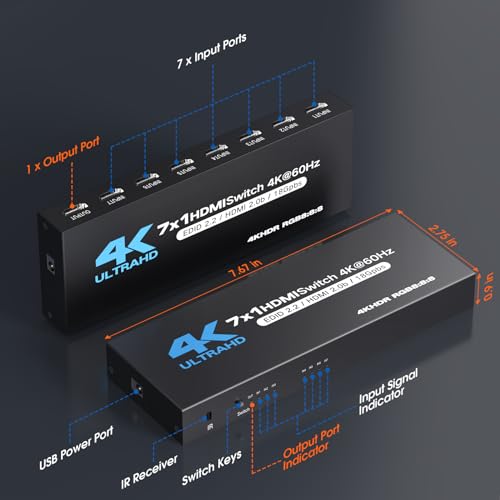 HDMI Switch 7 in 1 Out, 4K60Hz HDMI Switcher with Remote, H-DMI Selector Box Support UltraHD Dolby HDR10 2.0 HDCP 2.2 3D, HD-MI Splitter Compatible with Xbox PS5/4/3 Blu-Ray Player Fire Stick