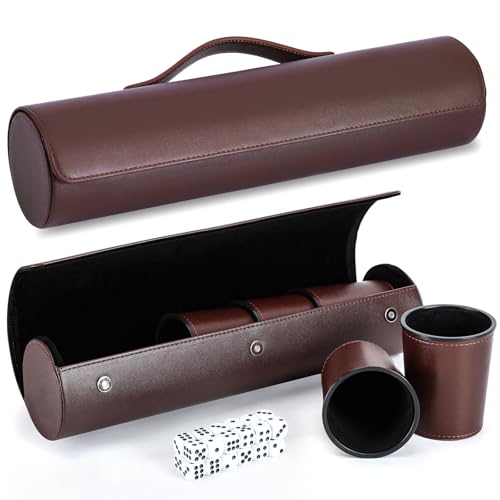 Leather Dice Cup Set, 5 Black Dice Cups + 25 Dices + Exclusive Storage and Transport Case Made of Faux Leather (Brown x2) | PU leather dice set with 5 felt-lined cups, 25 dice and storage case for Liar’s Dice, craps, backgammon and party games - color: Br