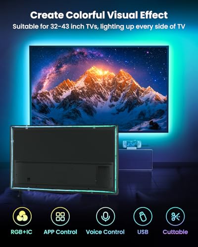 9.84ft LED Lights for 32-43 Inch TV, RGB+IC TV Lights Backlight Strip Behind, with 44 Scene Modes, Bluetooth APP and Voice Control, Music Sync Smart Ambient Lighting for Gaming, Bedroom, Living Room - size: 9.84ft
