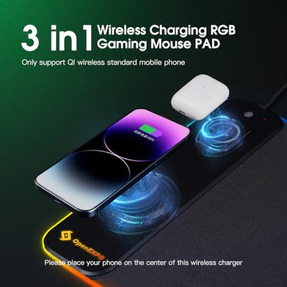 M15WR Wireless Charging RGB Gaming Desk Mat/Mouse pad, 3 in 1 Wireless Charging, 15 RGB Light Modes (Sound Pickup Mode, Power Failure Memory Function), 31.49" x 11.81" Non-Slip Rubber Base
