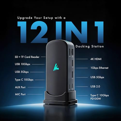 Type C 12 in 1 Wozoyo Docking Station, 4K@60Hz HDMI, Gigabit Ethernet 2XType-C 10Gbps, USB 10 Gbps, PD 100WUSB 2.0, AUX & MIC, SD/TF, Compatible Thunderbolt 4, macOS, Windows, Android & iOS - style: 12-in-1