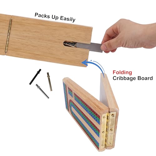 Offelec Upgraded Wooden Folding Cribbage Board Game Set - 3 Track Board with 2 Decks of Cards, 9 Metal Pegs & Storage | Portable Travel Cribbage for Kids, Adults and Family - color: Folding Cribbage Board