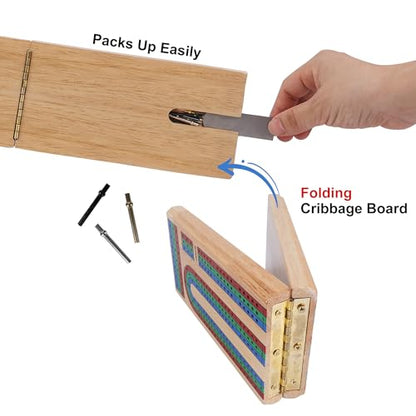 Offelec Upgraded Wooden Folding Cribbage Board Game Set - 3 Track Board with 2 Decks of Cards, 9 Metal Pegs & Storage | Portable Travel Cribbage for Kids, Adults and Family - color: Folding Cribbage Board