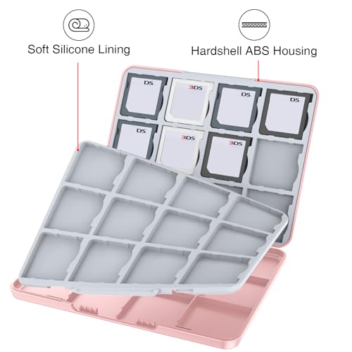 HEIYING 3DS Card Case with 24 Precise Slots for DS 2DS 3DS Game Cards | Portable Game Cards Case, Hard ABS Shell with Soft Silicone Lining, Precise Card Slots,Magnetic Closure for Easy Access - color: Pink