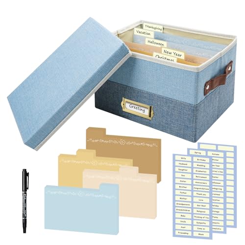 Greeting Card Organizer, Linen Storage Box, Light Blue Blue Grey, 1 Pack | 20 Removable Dividers, 84 Labels & 1 Marker, Store Cards Photos Envelopes Postcards Stickers - color: Light Blue&Blue Gray