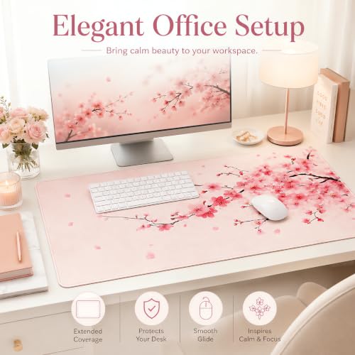 Cherry Blossom Desk Mat, Large Pink Sakura Mouse Pad with Stitched Edges, Non-Slip Rubber Base, 31.5 x 11.8 Inch - color: Pink Cherry Blossom