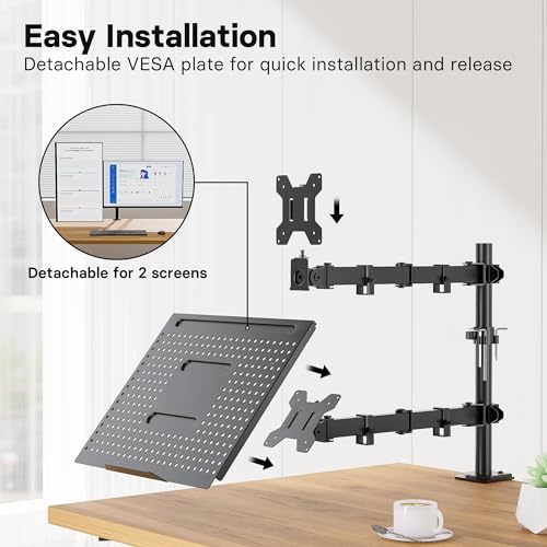 Redbat Monitor and Laptop Mount Stand, Fully Adjustable Monitor Arm with Vented Tray for 13" to 32" LCD Screens and Notebook up to 16", Holds up to 22lbs, VESA Compatible, Dual Mounting Options | Fully Adjustable Monitor Arm with Vented Tray for LCD Scree