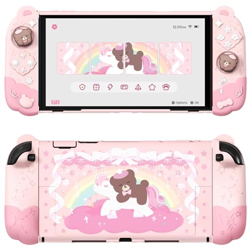 PlayVital Good Night Bear Dockable Case for Nintendo Switch 2 with Stand | Split Design Silicone Joycon Grips, PC Console Hard Shell, 2 Joystick Caps | Cute Protective Cover Bundle – Pink - color: Pink