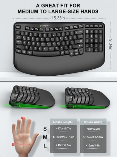 EDJO Wireless Ergonomic Keyboard with Wrist Rest, Wave Keys | Comfortable Natural Typing, Multimedia Hotkeys,2.4GHz,For Large Hands,Windows, Mac, Laptop, PC