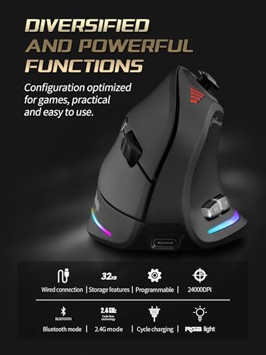 TKMARS Wireless Ergonomic Vertical Gaming Mouse with Joystick, Bluetooth & 2.4G, 12 Programmable Buttons, Adjustable 24000 DPI, Rechargeable RGB Computer Mouse for PC, MacBook & Laptops