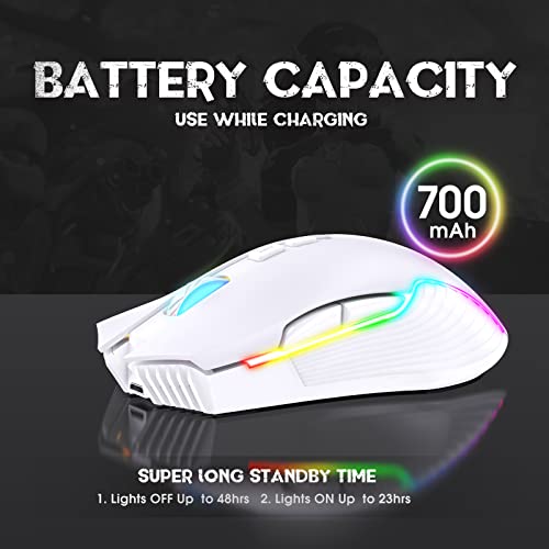PHNIXGAM RGB Backlight Rechargeable Wireless Gaming Mouse for PC, White | Ergonomic mouse, up to 3600 DPI, 7 non-programmable buttons, works with Vista/Linux/Mac, 2.4G USB included