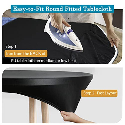 Double Fitted Design PU Round Fitted Tablecloth, Anti-Tear Wipeable Elastic Round Tablecloth, Soft-Touch Fitted Table Cloth, Waterproof Oil-Proof Table Cover (Black, 40"-44" Round) - color: Black, size: 43" (Round)