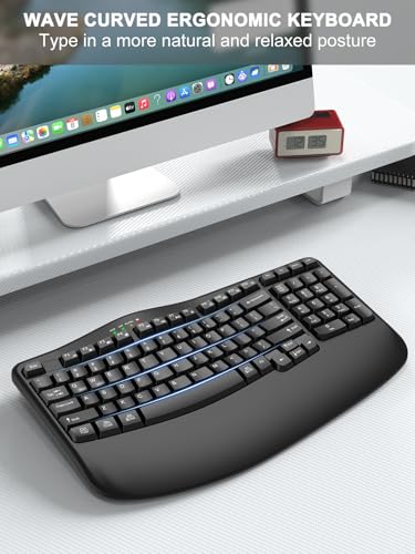 EDJO Wireless Ergonomic Keyboard with Wrist Rest, Wave Keys | Comfortable Natural Typing, Multimedia Hotkeys,2.4GHz,For Large Hands,Windows, Mac, Laptop, PC