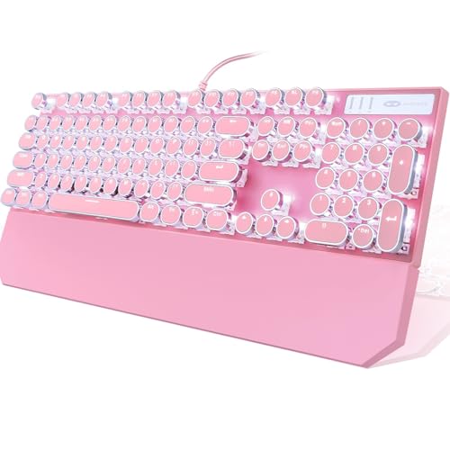 Camiysn Typewriter Style Mechanical Gaming Keyboard, Pink Retro Punk Gaming Keyboard with White Backlit, 104 Keys Blue Switch Wired Cute Keyboards, Round Keycaps for Windows/Mac/PC - color: Pink (Circle)