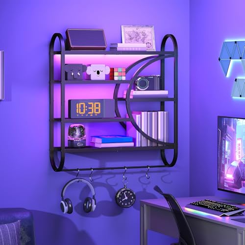 HOOBRO Gaming Floating Shelves with LED Lights, 28.9" LED Wall Mounted Shelf, 5-Tier Display Rack for Wall Storage, Floating Rack with Hanging Rod and 4 S-Hooks, for Game Room, Black BB50DBJ01 - color: Black