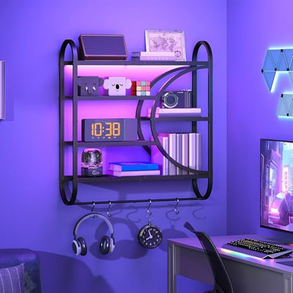 HOOBRO Gaming Floating Shelves with LED Lights, 28.9" LED Wall Mounted Shelf, 5-Tier Display Rack for Wall Storage, Floating Rack with Hanging Rod and 4 S-Hooks, for Game Room, Black BB50DBJ01 - color: Black