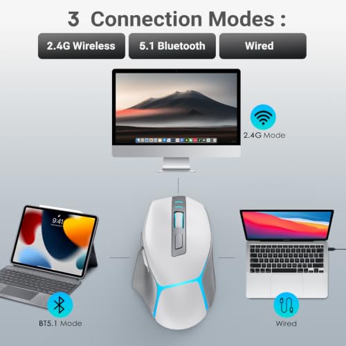 JOYACCESS Wireless Gaming Mouse, Supports Bluetooth/2.4g/Wired Connections 12500 DPI, 1000hz, Rechargeable, 20m Clicks, 6 Buttons, RGB Backlit Ergonomic Mouse for Windows/Mac Gamers (Silver-Gray) - color: Silver-Gray