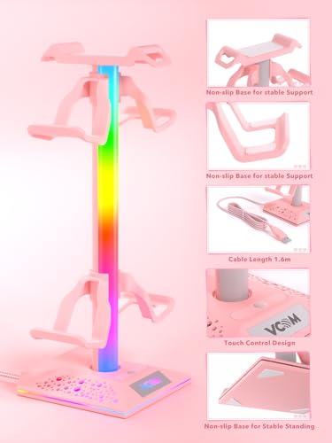 VCOM RGB Gaming Headphones Stand with 2 USB Ports, Pink Headset Stand with 10 Light Modes and Non-Slip Rubber, Suitable for PC Desk Accessories Gamers Gift(Pink) - color: Pink