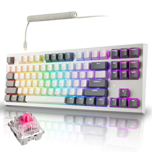 TECWARE Phantom+ Elite 87 Key RGB Mechanical Gaming Keyboard | 3 Mode Wireless Bluetooth 5.0 2.4GHz & USB C Wired | Hot Swappable 5 Pin | Double Shot PBT Keycaps | Wraith Pink Switch - White - color: Pink Switch, size: Phantom+ Elite 87 | White