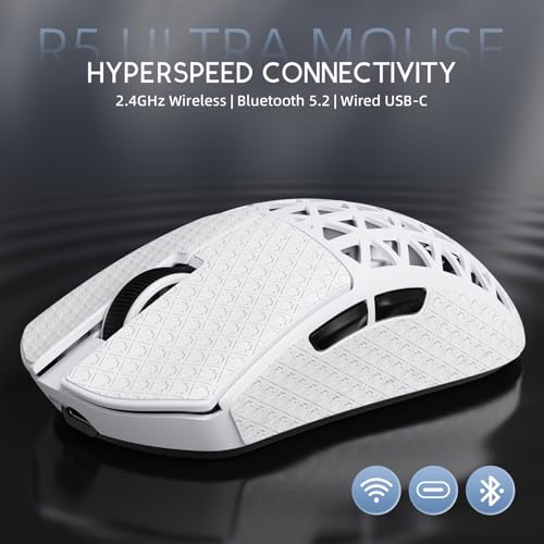 ATTACK SHARK R5Ultra 8K Carbon Fiber Wireless Gaming Mouse, White&Tape | 42K DPI,PAW3950 MAX Sensor,39g Ultra-Lightweight,Nordic 52840 MCU Chip,Wired/BT/2.4GHz Wireless Programmable Mouse for PC/Mac - color: White&Griptape