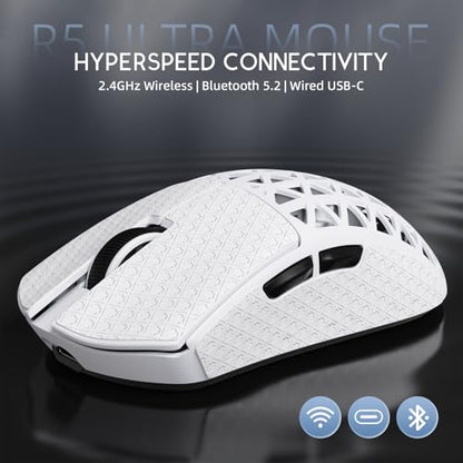 ATTACK SHARK R5Ultra 8K Carbon Fiber Wireless Gaming Mouse, White&Tape | 42K DPI,PAW3950 MAX Sensor,39g Ultra-Lightweight,Nordic 52840 MCU Chip,Wired/BT/2.4GHz Wireless Programmable Mouse for PC/Mac - color: White&Griptape