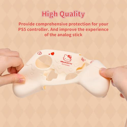 Kuitmor Silicone Switch Pro Controller Cover Skin Set, Anti-Slip Soft Protective Case for Switch Pro Controller with 2 Thumb Grip Caps and 1 Sticker (Beige Hello Kitty) - color: Beige Hello Kitty
