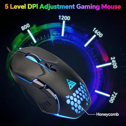 CHONCHOW Gaming Keyboard and Mouse Combo, Wired RGB Set for PC PS4 PS5 Xbox | Phone Holder, Ergo Wrist Rest, Full Size, Anti-Ghosting, USB Silent Light Up Keyboard, 7D 7200DPI Gaming Mouse, Mouse Pad