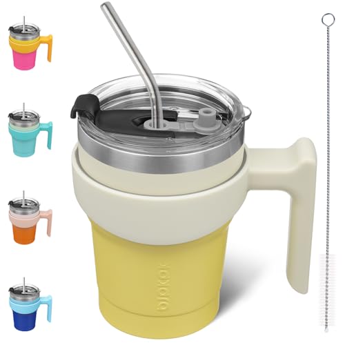 BJPKPK 10 oz Mini Tumbler with Lid, Straw & Handle, Insulated Steel Cup | Small, Spill Proof, Leak Proof, Thermal, Double Wall Vacuum, Sweatproof, Dishwasher Safe, BPA Free, Lemon - color: Lemon, size: 10 Ounces