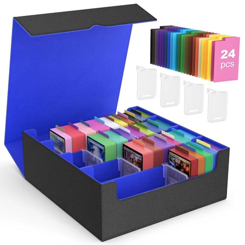 MoKo Trading Card Storage Box for MTG, 3000+ Card Organizer, Black Blue | MTG Deck Box, w/ 24 Colorful Dividers & 4 Card Supporters, MTG Card Storage for Magic Game, TCG, PTG Baseball and Sport Cards - color: Black Blue, size: 4 Slots without side display
