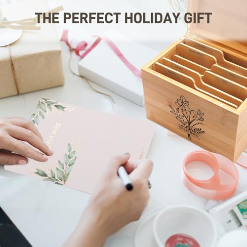 Large Bamboo Greeting Card Organizer Box with 6 Removable Dividers, Real Leather Handle, 100% Handmade Solid Bamboo, Storage Box for Christmas, Valentine, & Birthday Cards, Postcards, Stationery - color: Wood