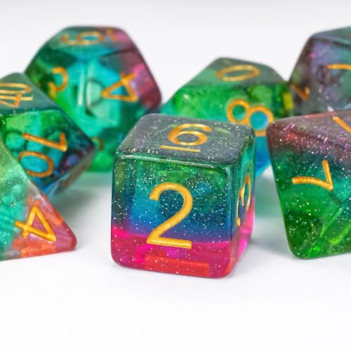 Glitter DND Dice Set Green Polyhedral Dice for D&D Tabletop Games | Leather Storage Bag, DM Gift, for Dungeons and Dragons Role Playing Games - color: Glitter-green&blue&pink