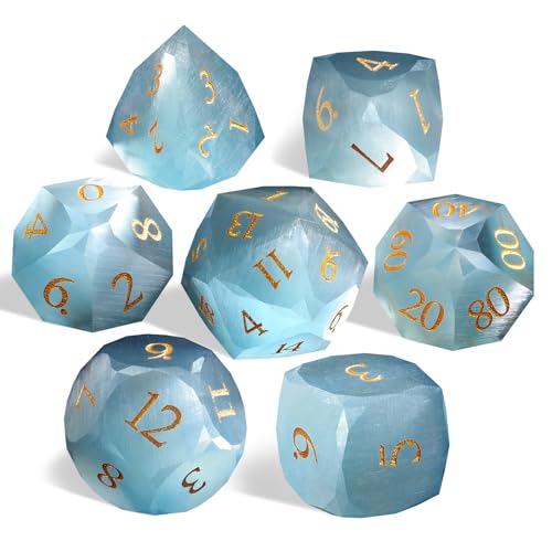 Natural Aquamarine Gemstone Dice Set, 7-Piece Handcrafted Polyhedral Dice with Gold Engraving, Ideal for D&D, RPG, MTG & Tabletop Games, Gift Box Included (Cat's Eye - Blue) - color: Cat's Eye - Blue