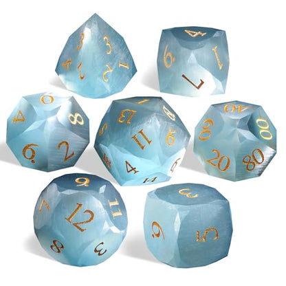 Natural Aquamarine Gemstone Dice Set, 7-Piece Handcrafted Polyhedral Dice with Gold Engraving, Ideal for D&D, RPG, MTG & Tabletop Games, Gift Box Included (Cat's Eye - Blue) - color: Cat's Eye - Blue