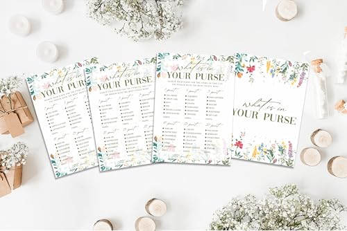 What is in Your Purse Game Cards, Wildflower Bridal Shower Games Card, Floral Wedding Shower Games Set, 25 Game Cards for Bridal Shower Wedding Bachelorette Engagement, 10 - style: What is in Your Purse