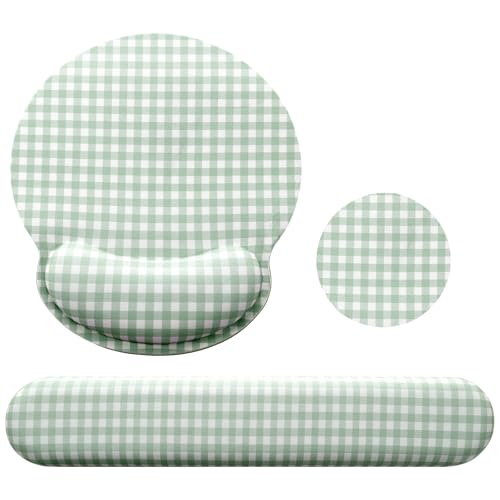 Tellegloww Wrist Rest Support for Mouse Pad&Keyboard Set, Green Gingham Checkered Circle Curved Ergonomic Mousepad&Coaster Non-Slip Base, Design for Office, Home, Laptop, Desktop Computer Keyboard - color: Green