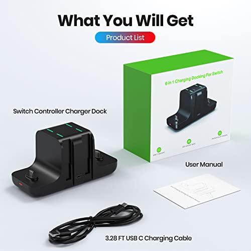 NEWDERY 6-in-1 Charger Dock for Nintendo Switch Pro Controller and Joy con | Fast Charging Dock with LED Indicators, Compatible with Nintendo Switch / OLED / Lite, Includes USB-C Charging Cable