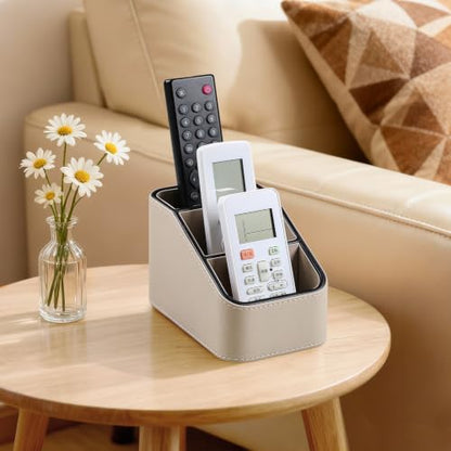PU Leather Remote Control Holder, Small Desk Organizer Office Supply Bedside Caddy for Nightstand End Table Couch, Pen Remote Organizer with 3 Compartments (Beige) - color: Beige