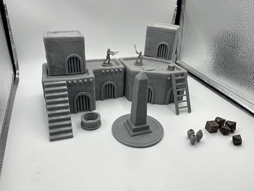 Architectural Terrain Set for 28mm (1/64) Miniature Wargames, 3D Printed and Paintable, Gift for Hobby Enthusiasts (Desert Building)