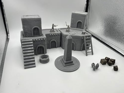 Architectural Terrain Set for 28mm (1/64) Miniature Wargames, 3D Printed and Paintable, Gift for Hobby Enthusiasts (Desert Building)